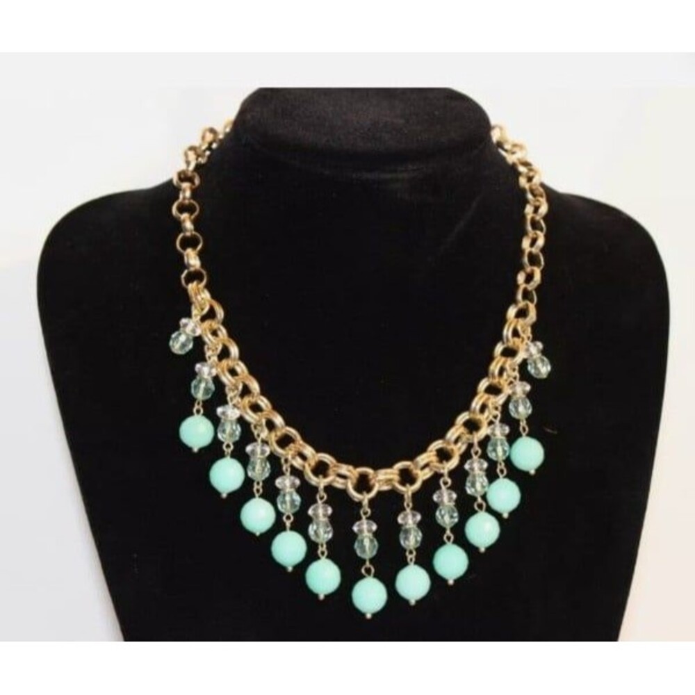 Banana Republic Bib Fringe Necklace Green Crystal Glass Bead Gold tone Statement